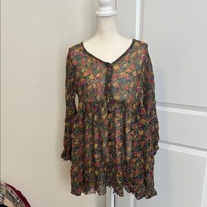 Papillon Multicolor Floral Long Sleeve Semi Sheer Dress Size Medium